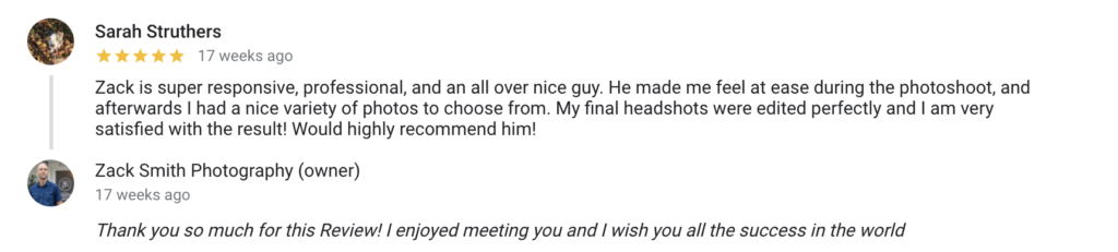 Five star review of Zack Smith Photography's New Orleans business headshots. 